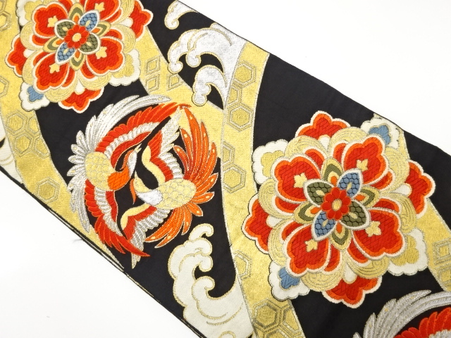 JAPANESE KIMONO / ANTIQUE FUKURO OBI / WOVEN PHOENIX & FLORAL CREST